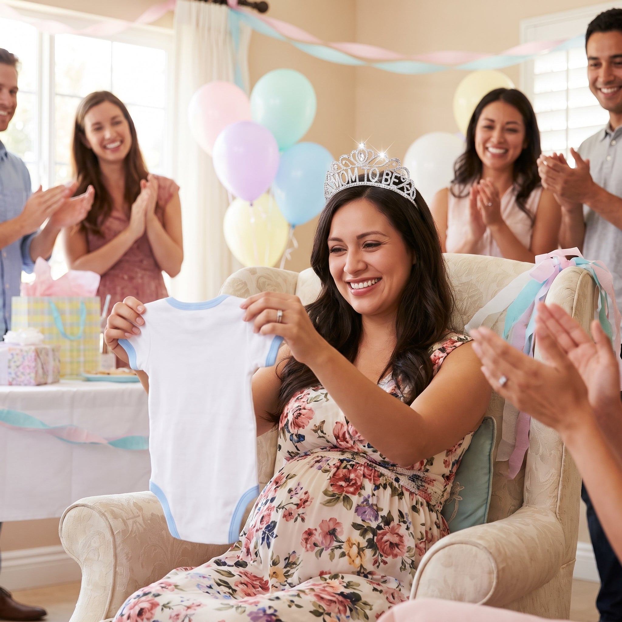 "Mom To Be" Silver Tiara with Sparkling Gems for Baby Shower