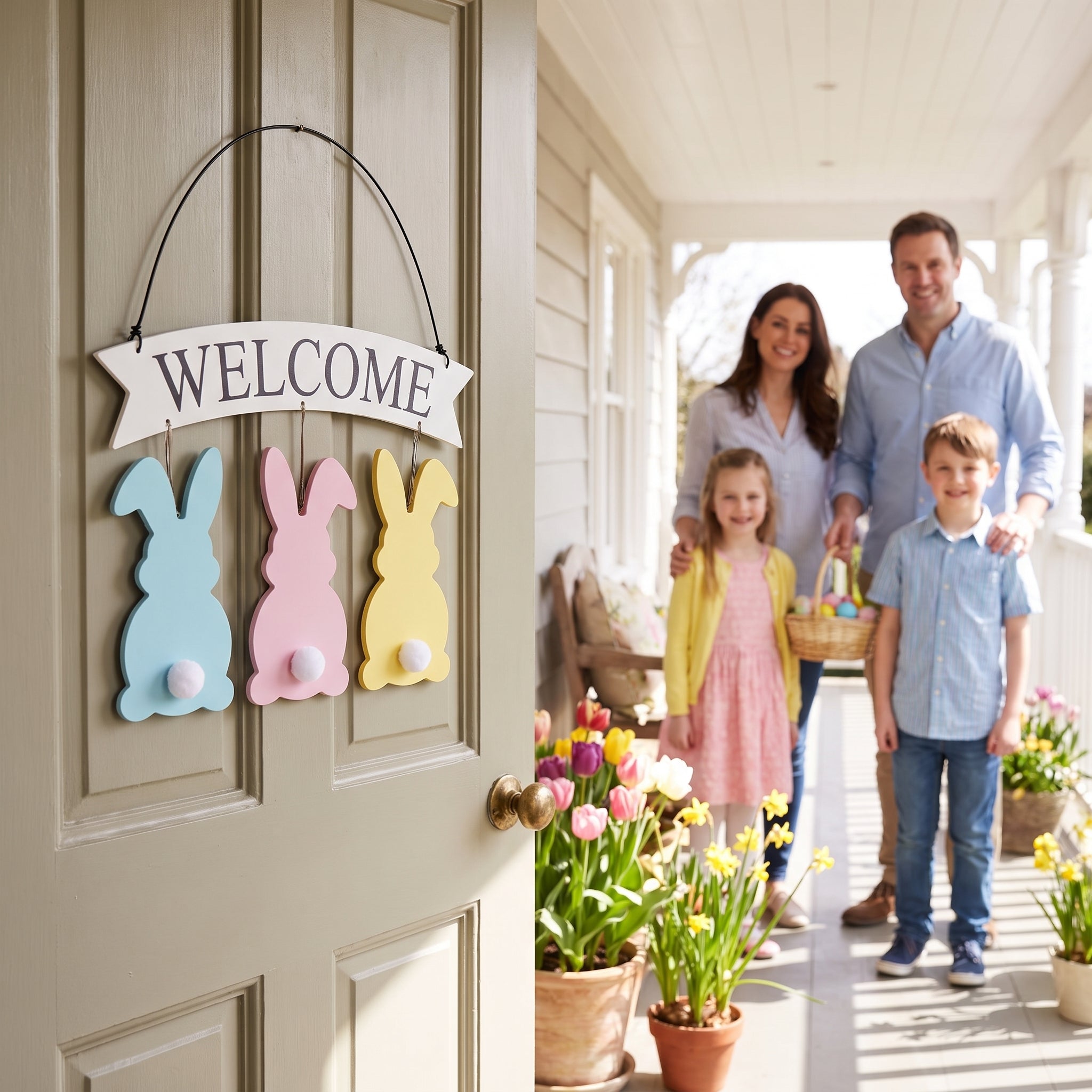 MDF Hanging Welcome Bunnies Easter Sign