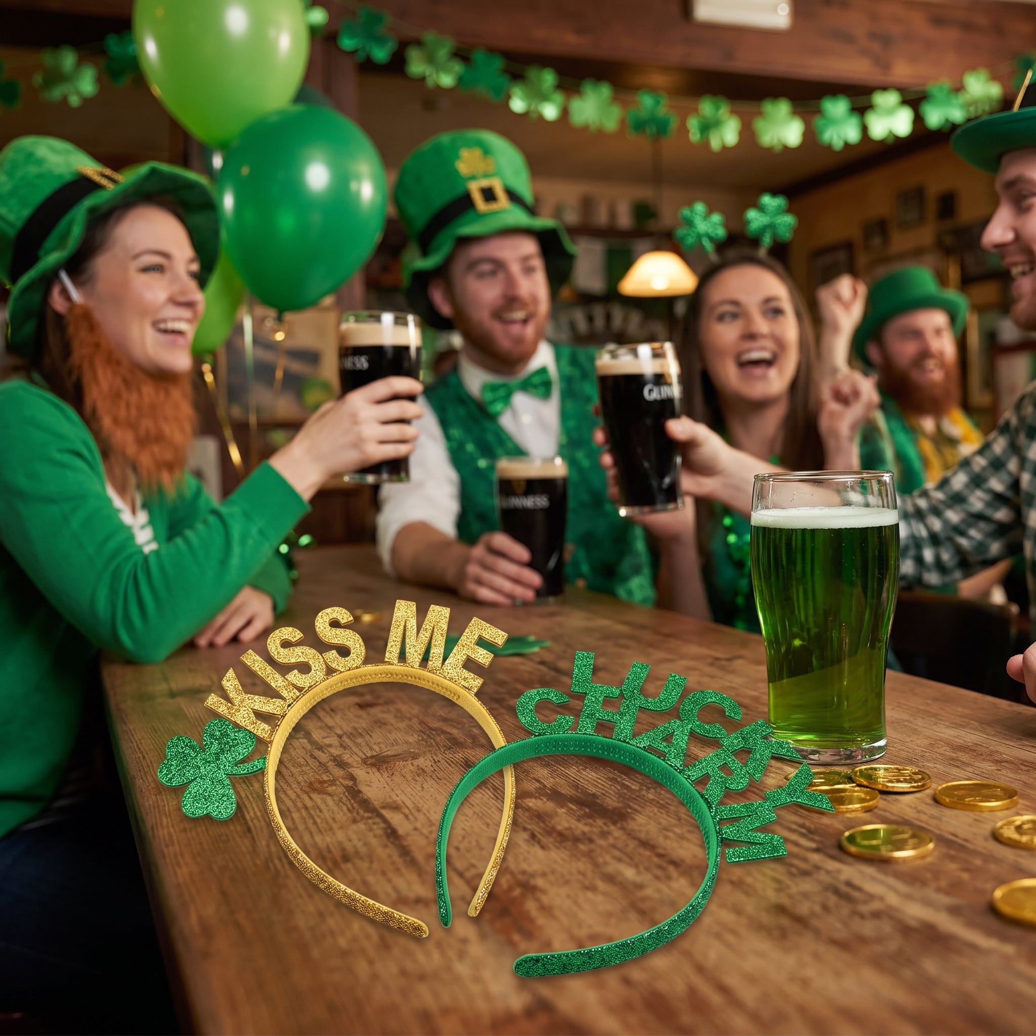St. Patrick's Day Glitter Headbands - "Kiss Me" and "Lucky Charm", 6 Pack