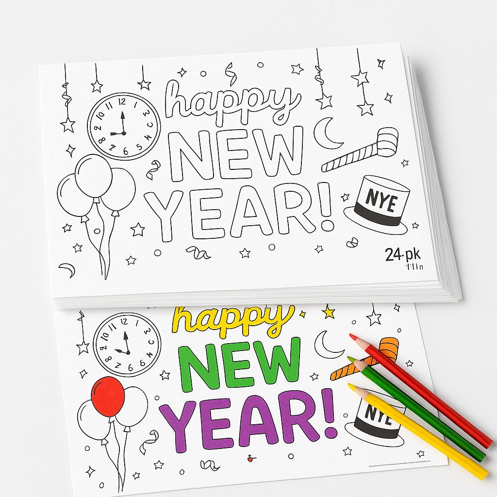 "Happy New Year" Coloring Paper Placemats ‚Äì 24 Pack