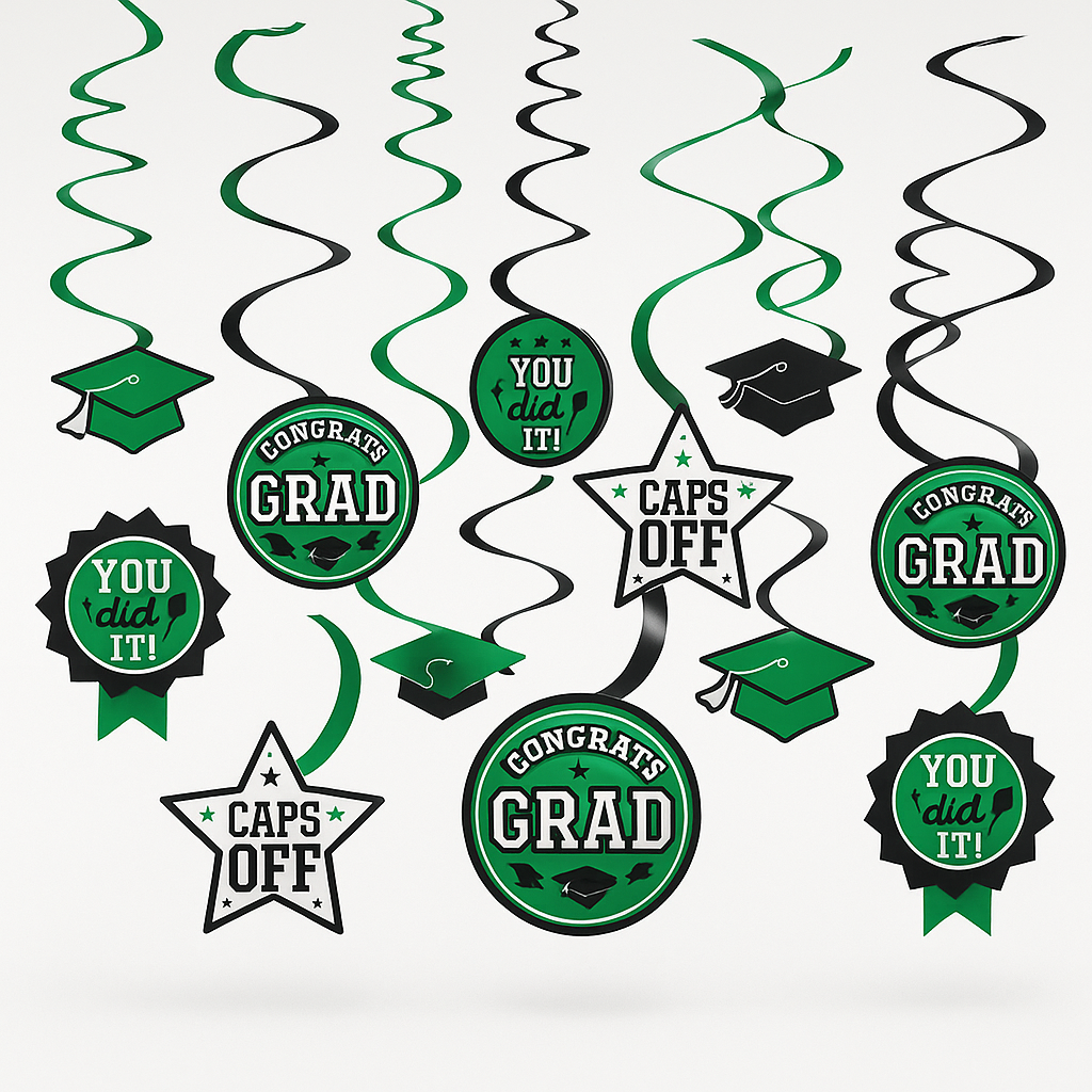 Green Graduation Swirl Hanging Decorations, 12-Pack
