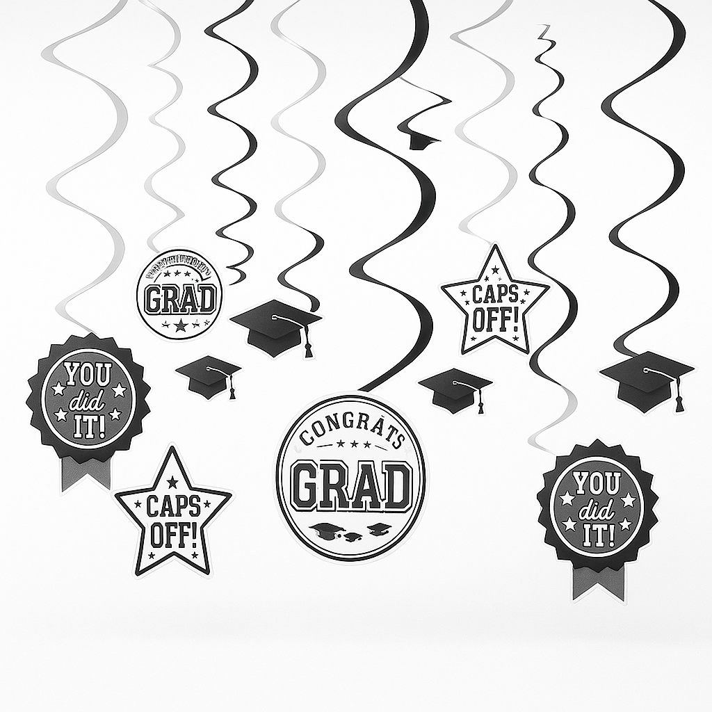 White Graduation Spiral Decorations Value Pack, 12-Pack