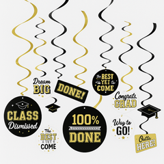 Graduation Celebration Spirals - Black, Silver & Gold