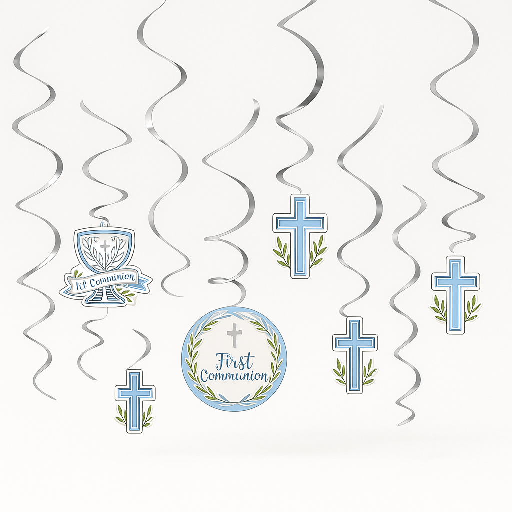 Sacraments First Communion Spiral Hanging Decorations - Blue/Silver