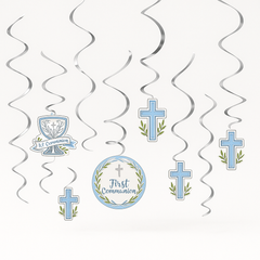 Sacraments First Communion Spiral Hanging Decorations - Blue/Silver