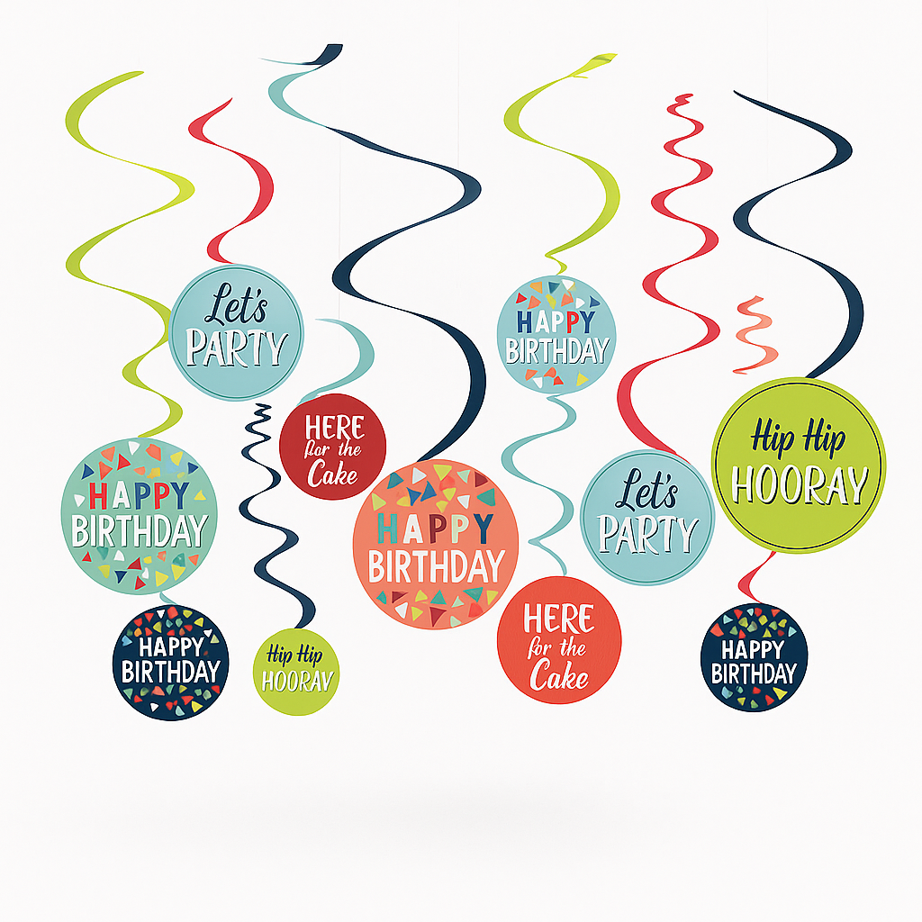 "A Reason to Celebrate" Birthday Swirl Hanging Decorations, 12-Pack