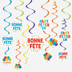 Bonne F√™te Spiral Hanging Decorations - Colorful Birthday Party D√©cor, 12-Pack