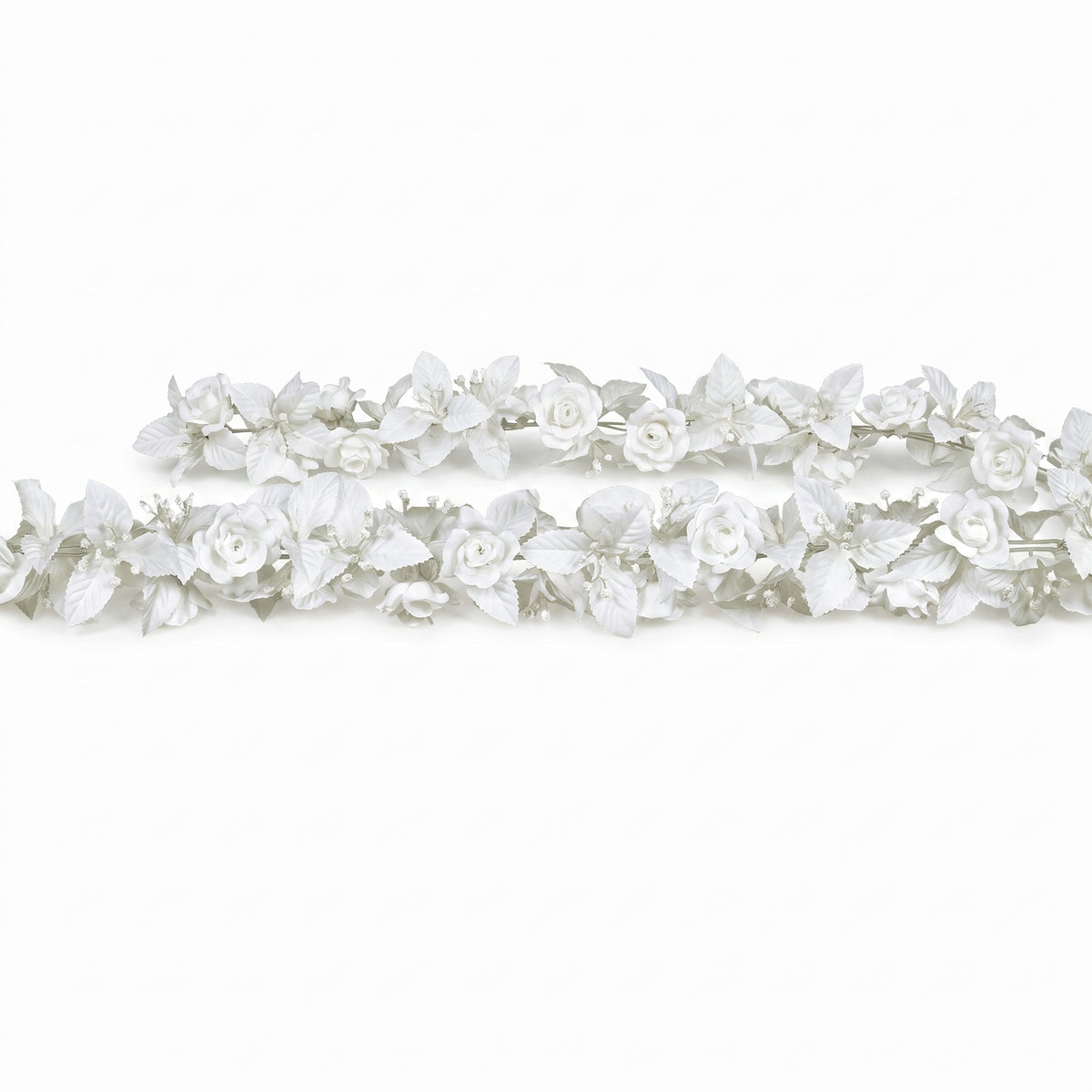 Elegant White Rose & Leaf Fabric Garland - 6 ft
