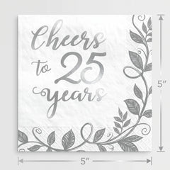 "Cheers to 25 Years" Silver Anniversary Beverage Napkins - 16 Pack - 5 In. X 5 In.