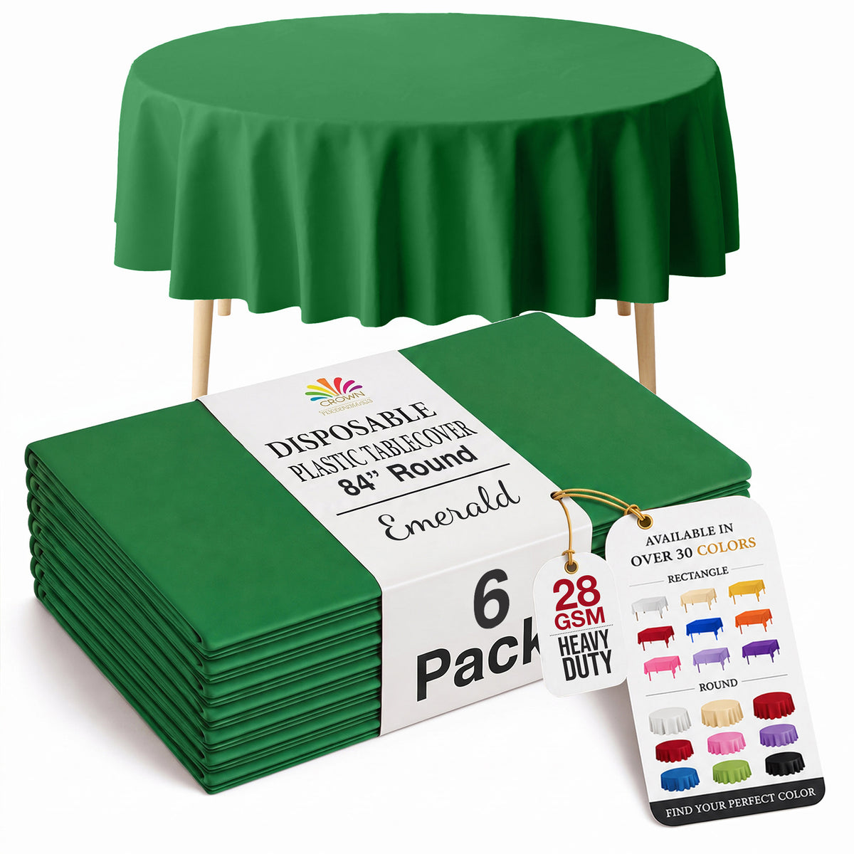 Round Emerald Green Plastic Table Covers | 6 Pack | 84 in.