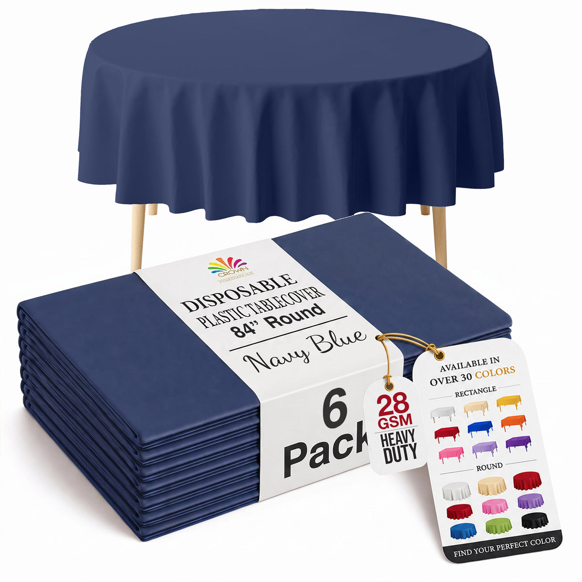Navy Blue Round Plastic Table Covers | 6 Pack | 84 in.