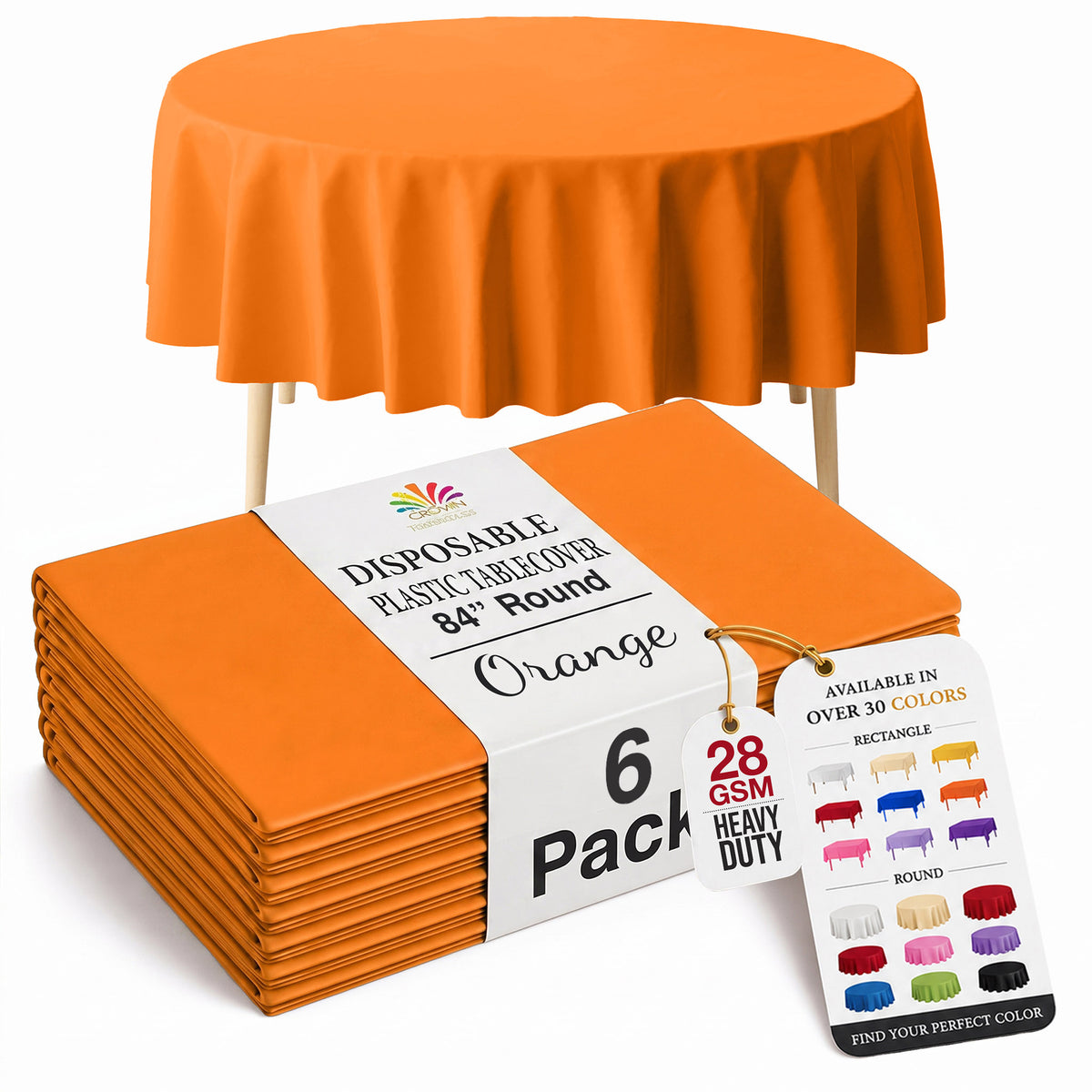 Round Orange Plastic Table Covers | 6 Pack | 84 in.