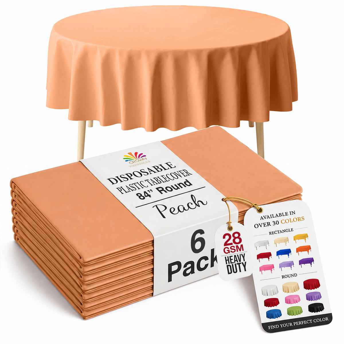 Round Peach Plastic Table Covers | 6 Pack | 84 in.