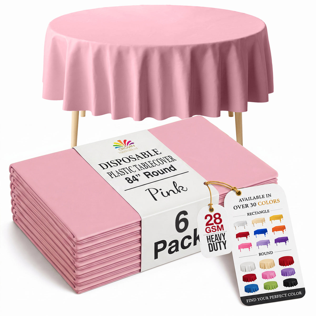 Round Pink Plastic Table Covers | 6 Pack | 84 in.