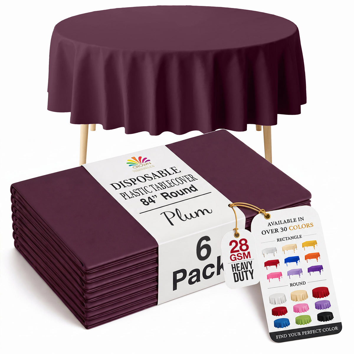 Round Plum Plastic Table Covers | 6 Pack | 84 in.