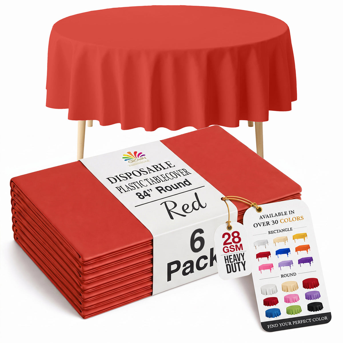 Round Red Plastic Table Covers | 6 Pack | 84 in.