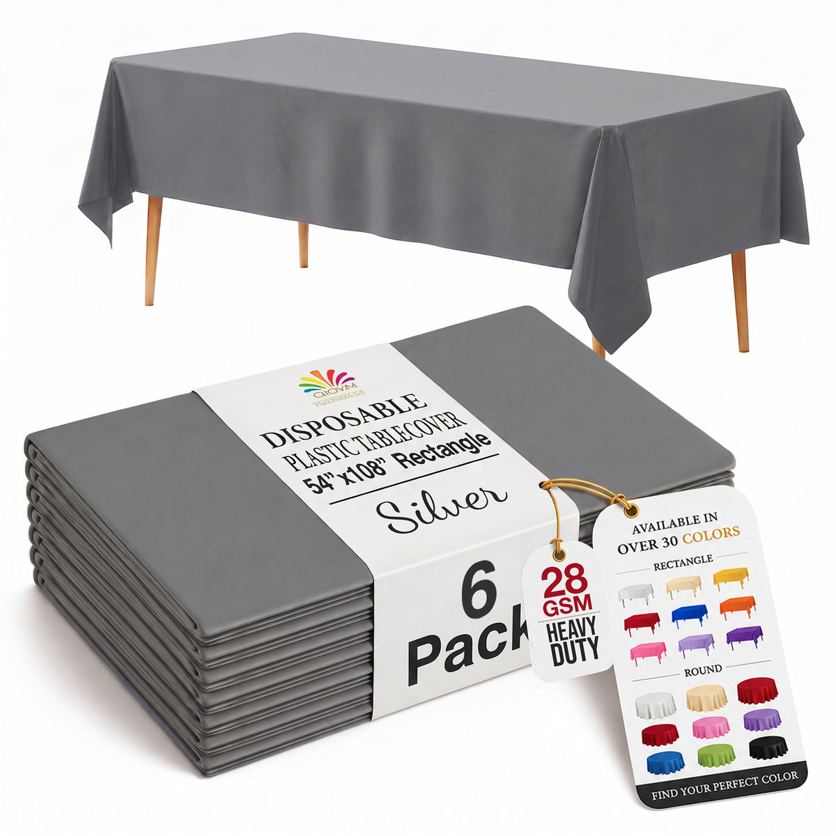 Silver Plastic Table Covers | 6 Pack | 54 in. x 108 in.