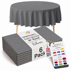 Round Silver Plastic Table Covers | 6 Pack | 84 in.
