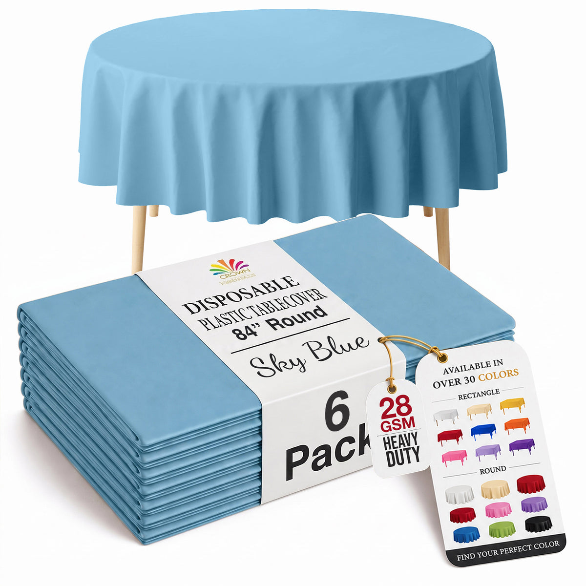 Round Sky Blue Plastic Table Covers | 6 Pack | 84 in.