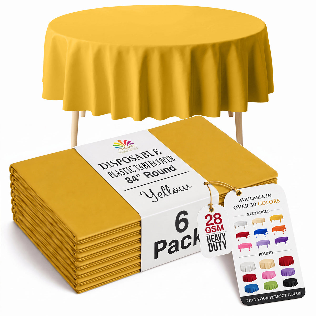 Round Yellow Plastic Table Covers | 6 Pack | 84 in.