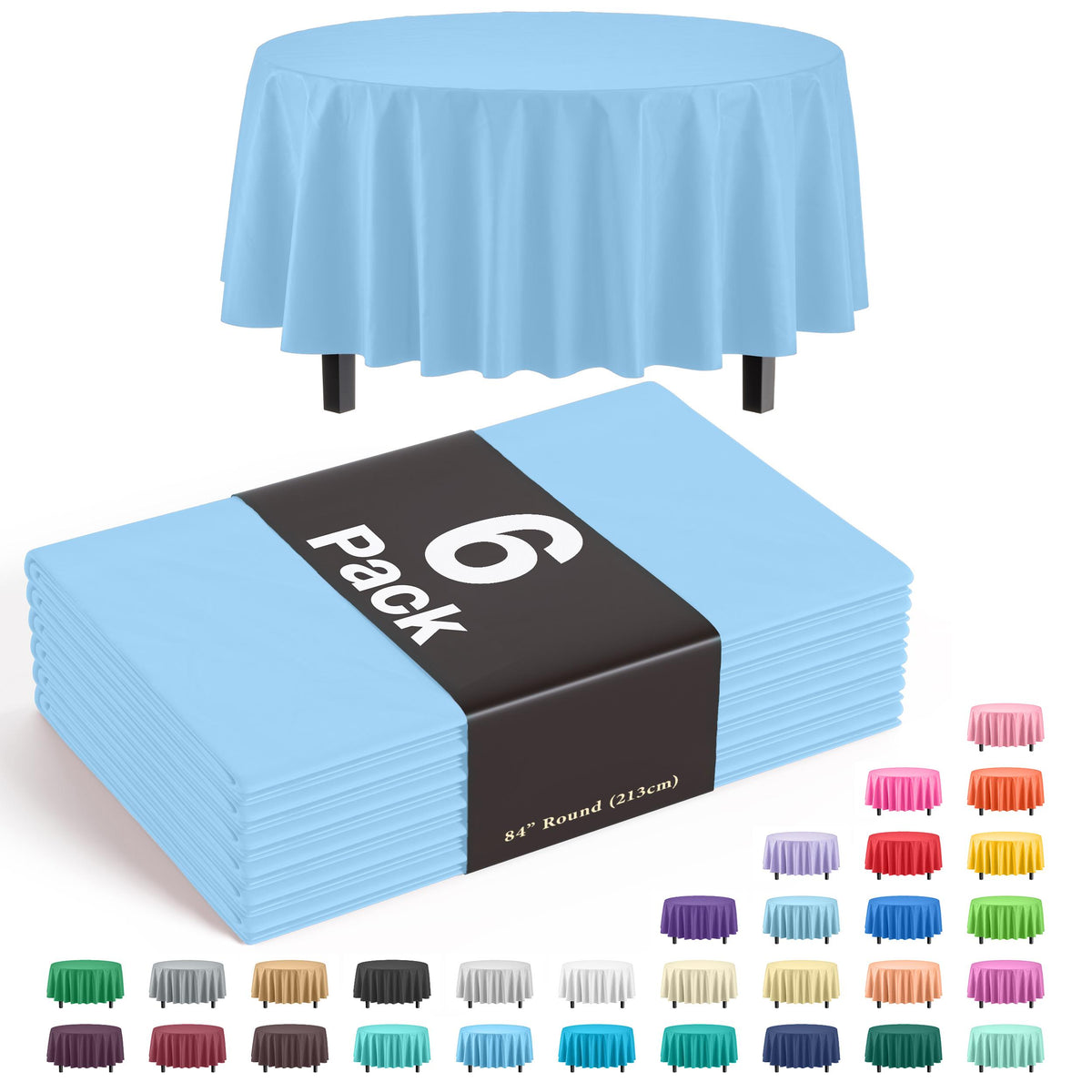 Premium Round Light Blue Plastic Table Covers | 6 Pack