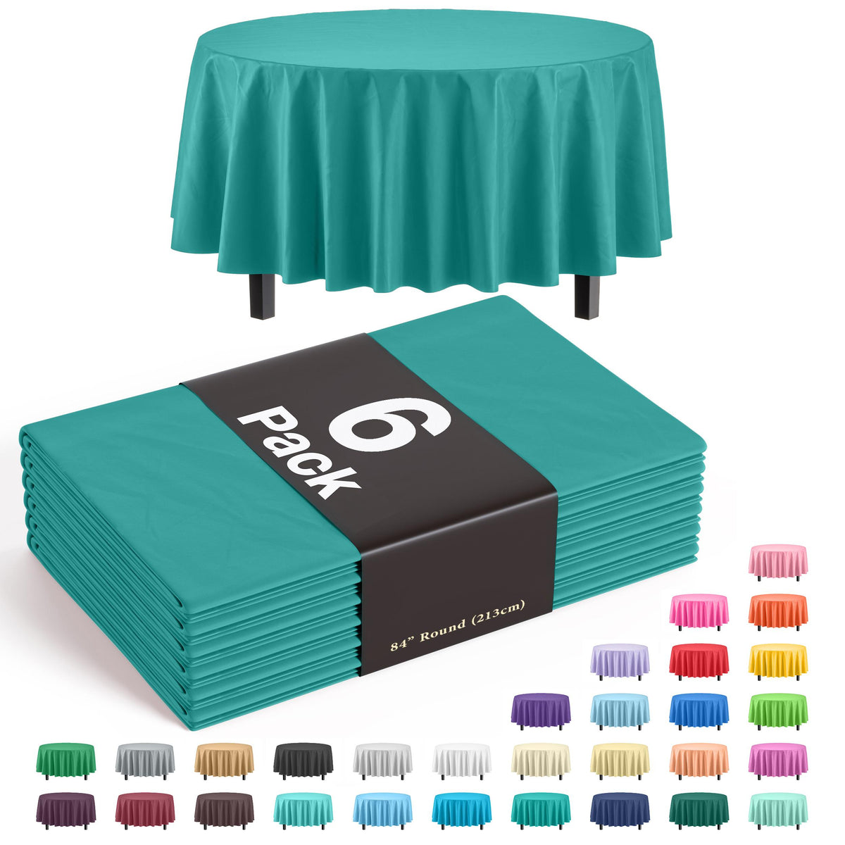 Premium Round Teal Plastic Table Covers | 6 Pack