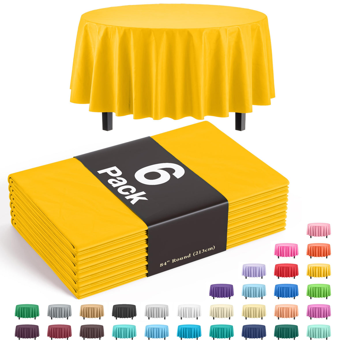 Premium Round Yellow Plastic Table Covers | 6 Pack