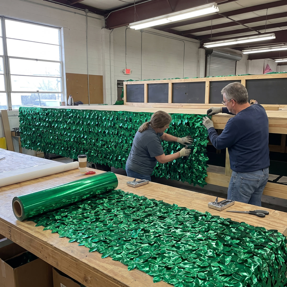 15ft Green Metallic Floral Vinyl Party Curtain