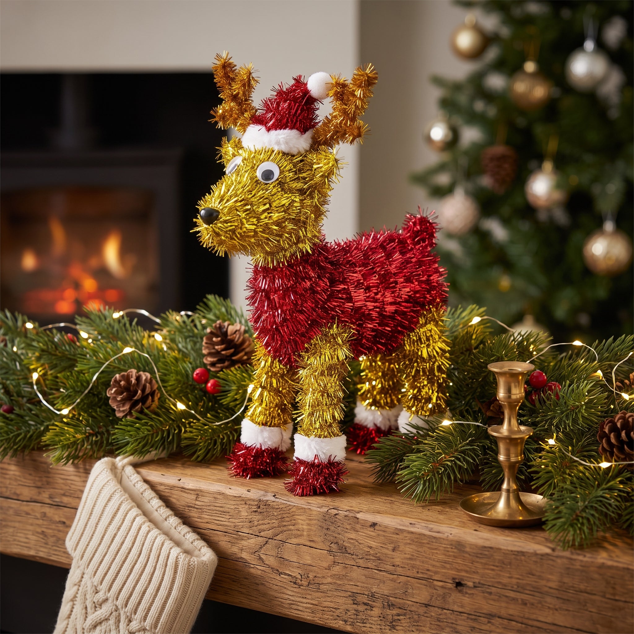3D Tinsel Reindeer with Santa Hat Christmas Decoration