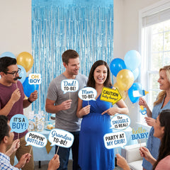 Glitter Baby Boy Shower Photo Booth Prop Kit with Blue Fringe Backdrop, 21-Piece Set