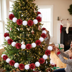 Festive Red & White Pom Pom Tinsel Garland - 9 ft