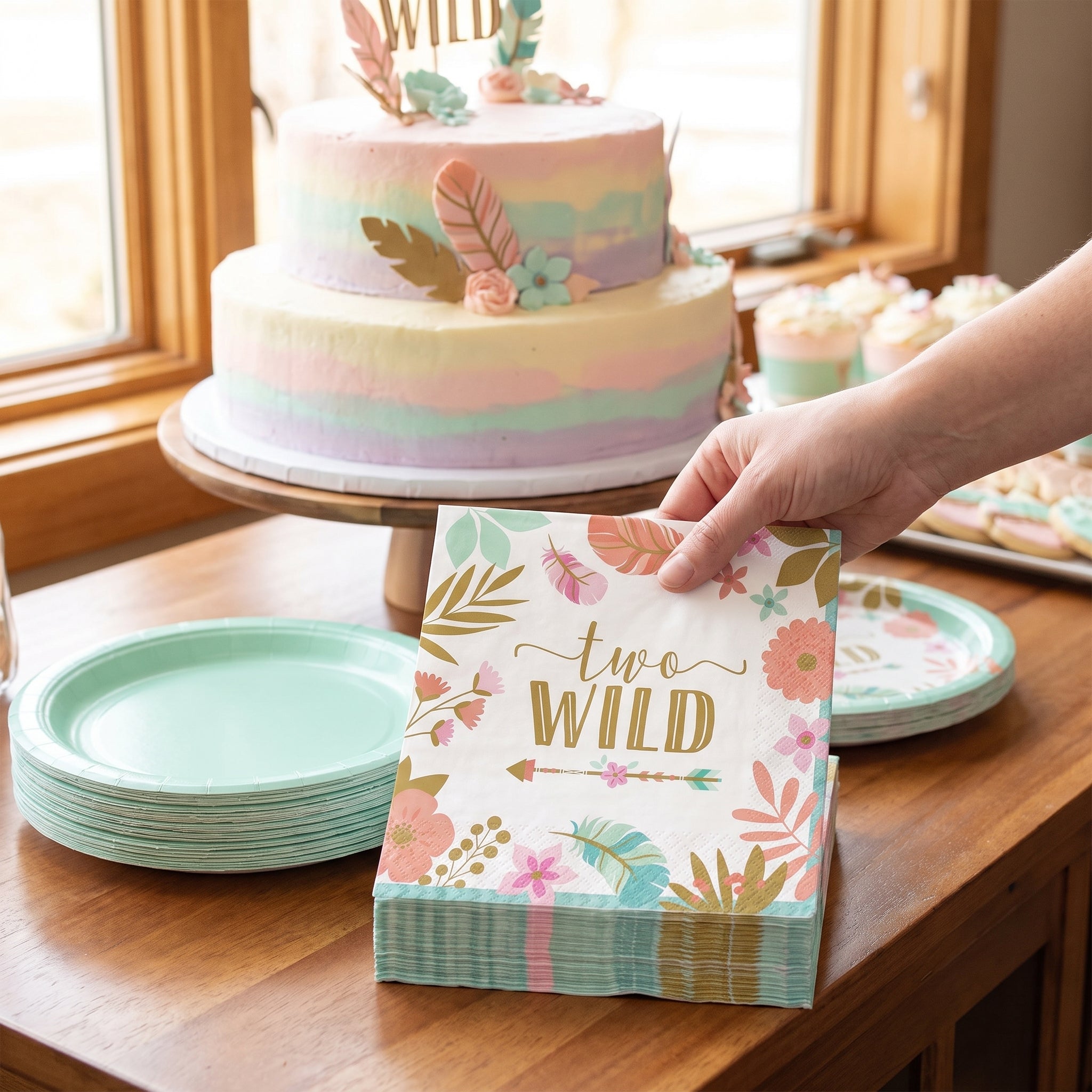 Boho Girl 2nd Birthday Party Napkins - 6.5 In. x 6.5 In. - "Two Wild" Gold Design, Pack of 16