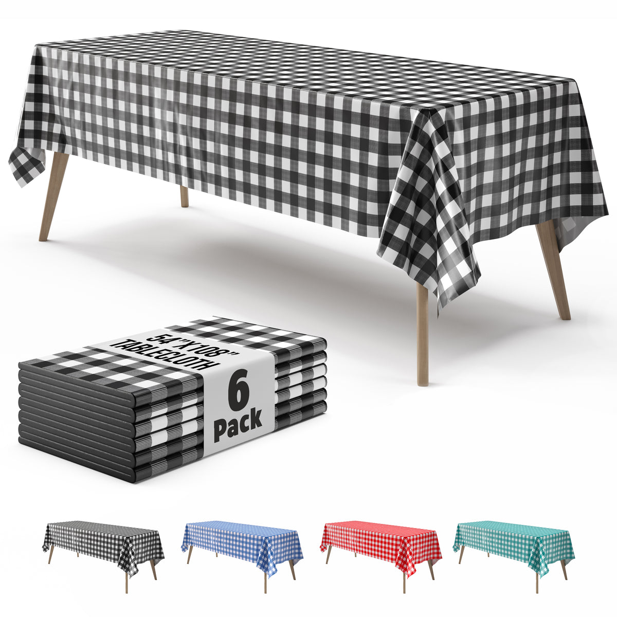 Black Gingham Plastic Table Covers | 6 Pack | 54 in. x 108 in.