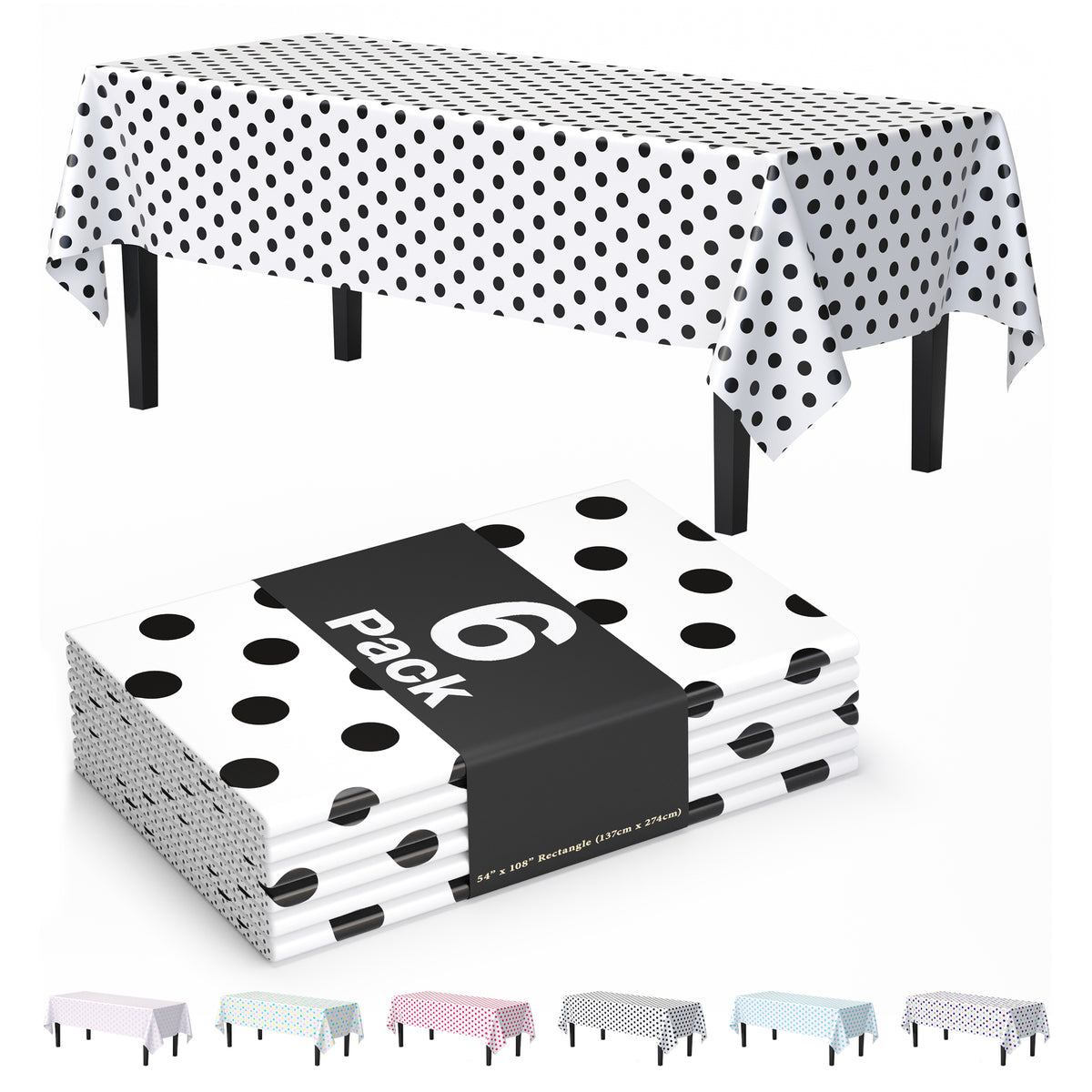 Black Polka Dot Plastic Table Covers | 6 Pack | 54 in. x 108 in.