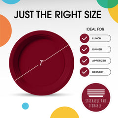 7 In. Burgundy Plastic Plates | 100 Count