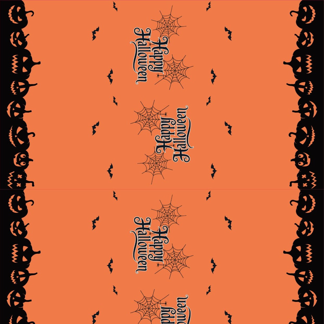Close-up of the Happy Halloween print: jack-o'-lantern border, bats and spider webs on orange