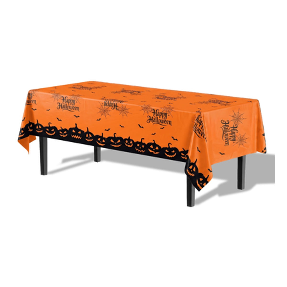 Happy Halloween orange plastic table cover with black jack-o'-lantern border on an 8 ft table