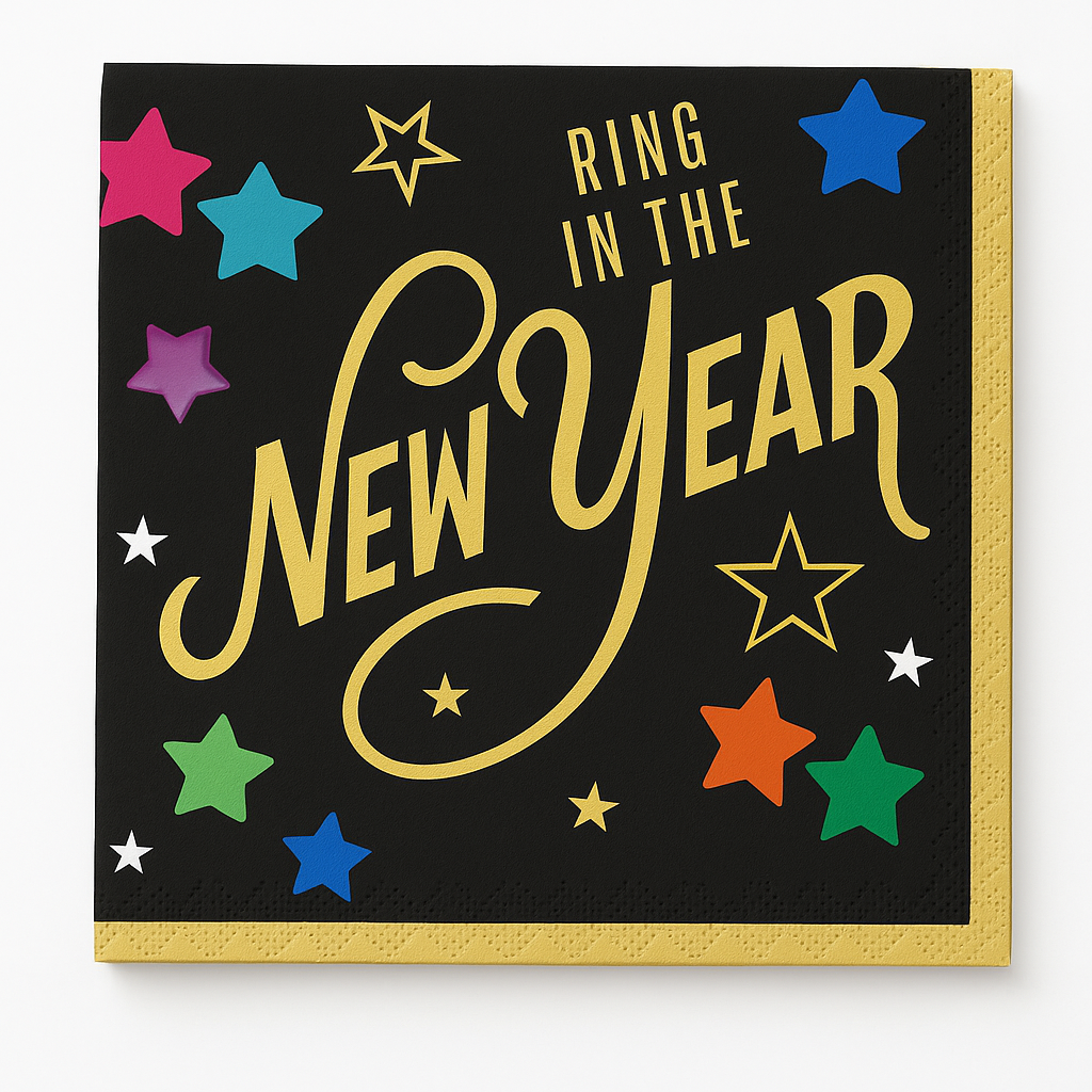 Starlight "Ring in the New Year" Beverage Napkins, Black/Gold, 5-Inch, 40-Pack
