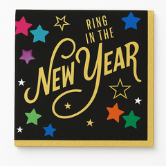 Starlight "Ring in the New Year" Beverage Napkins, Black/Gold, 5-Inch, 40-Pack