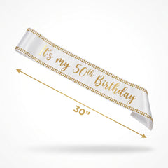 Golden Age 50th Birthday Sash - Elegant White and Gold Wearable Party Accessory