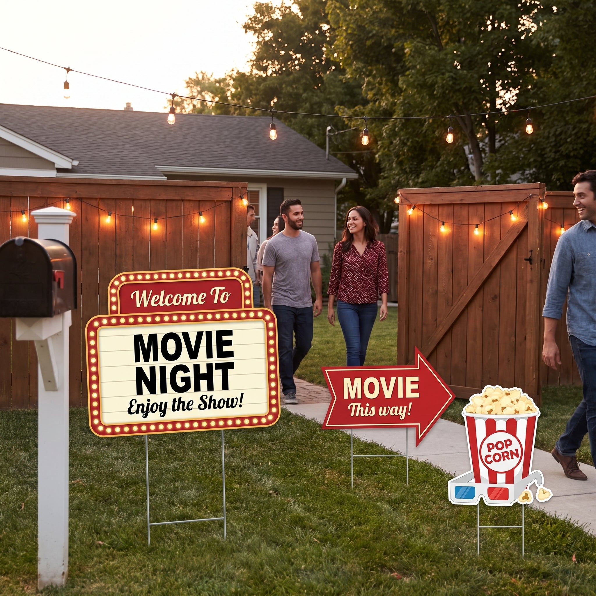 Movie Night Yard Sign Decorations - 3 Pack: Marquee, Arrow, & Popcorn