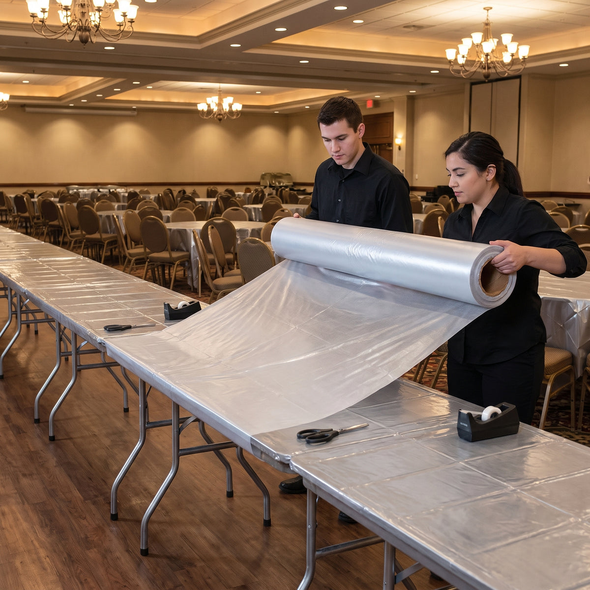 Silver Plastic Table Cover Roll - 40" x 100' for Versatile Event Use
