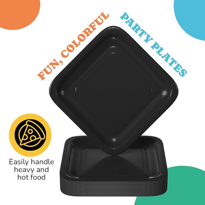 7 In. Black Square Paper Plates - 50 Ct.