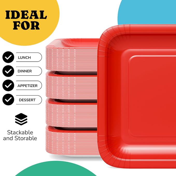 7 In. Red Square Paper Plates - 50 Ct.