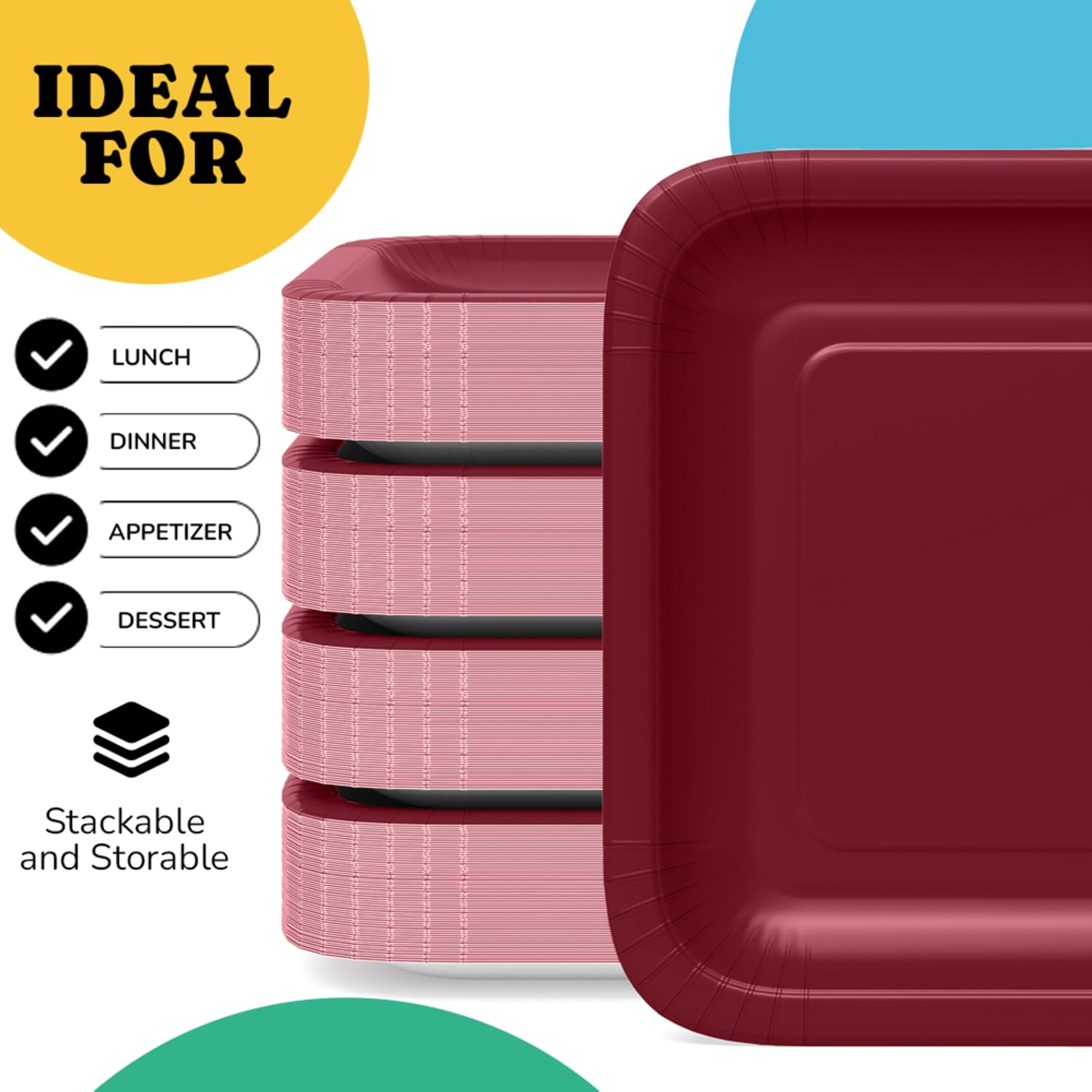 9 In. Burgundy Square Paper Plates - 50 Ct.
