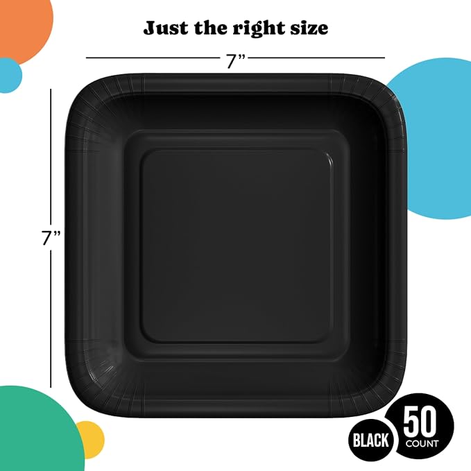 7 In. Black Square Paper Plates - 50 Ct.