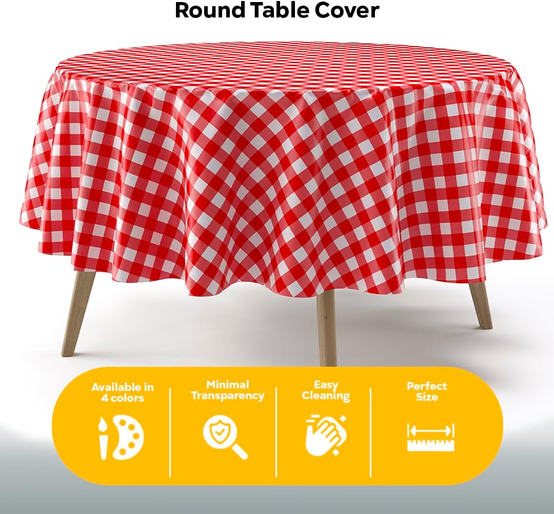 Round Red Gingham Plastic Table Covers | 12 Pack