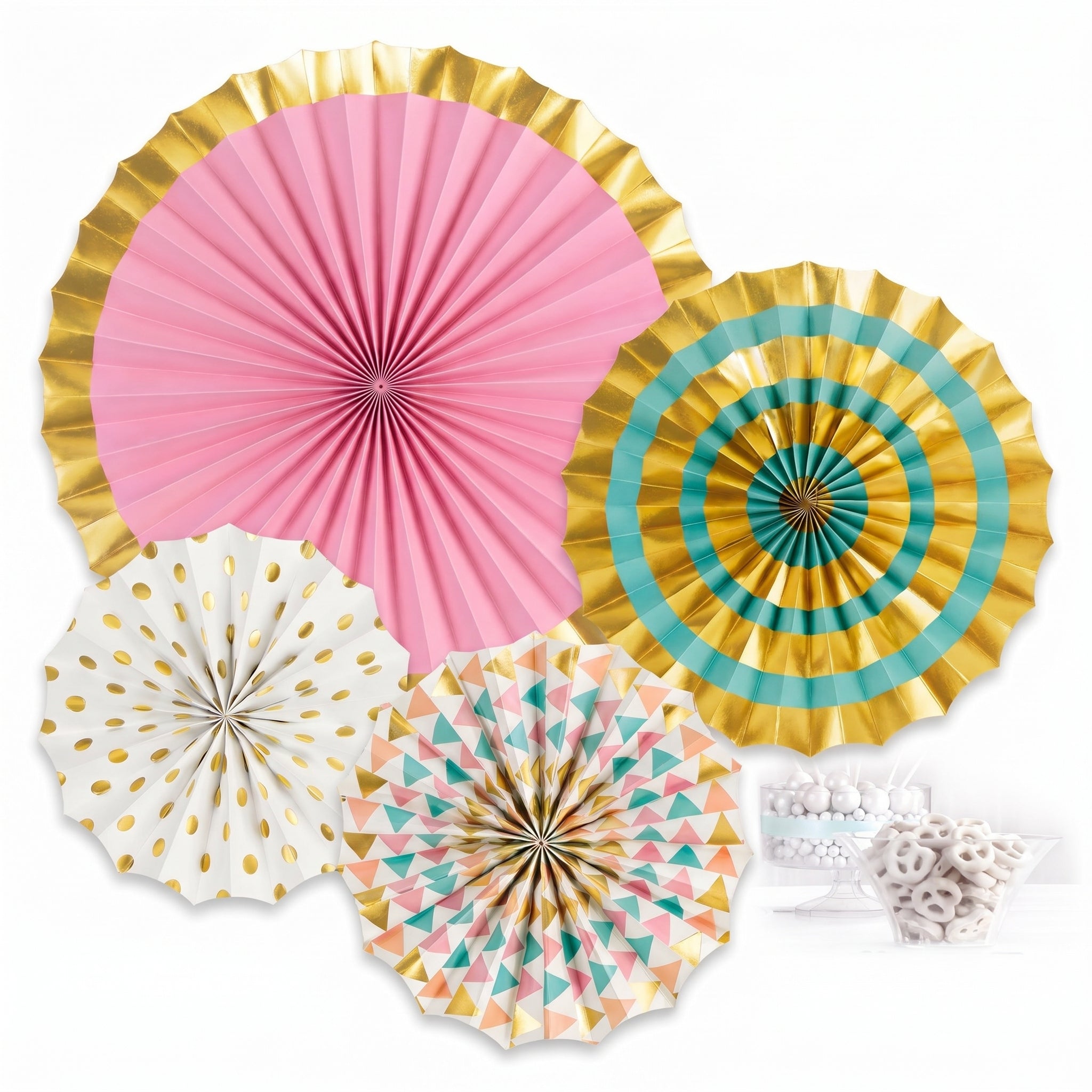Metallic Gold & Pastel Paper Fan Decorations - 4 Pack