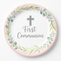 First Communion Pink Floral Paper Plates, 10-Inch, 20 Pack