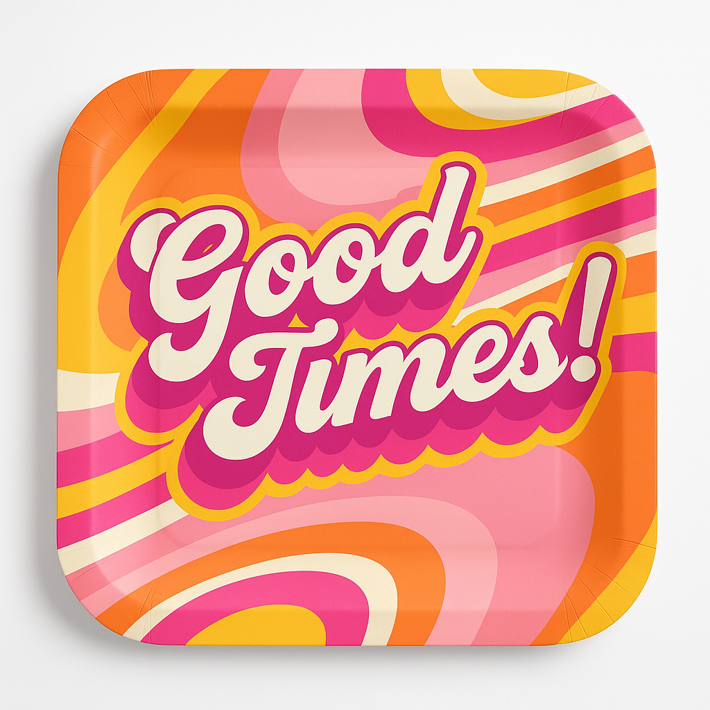 Summer Throwback 70's Style Square Paper Plates, 10-Inch, 20-Count